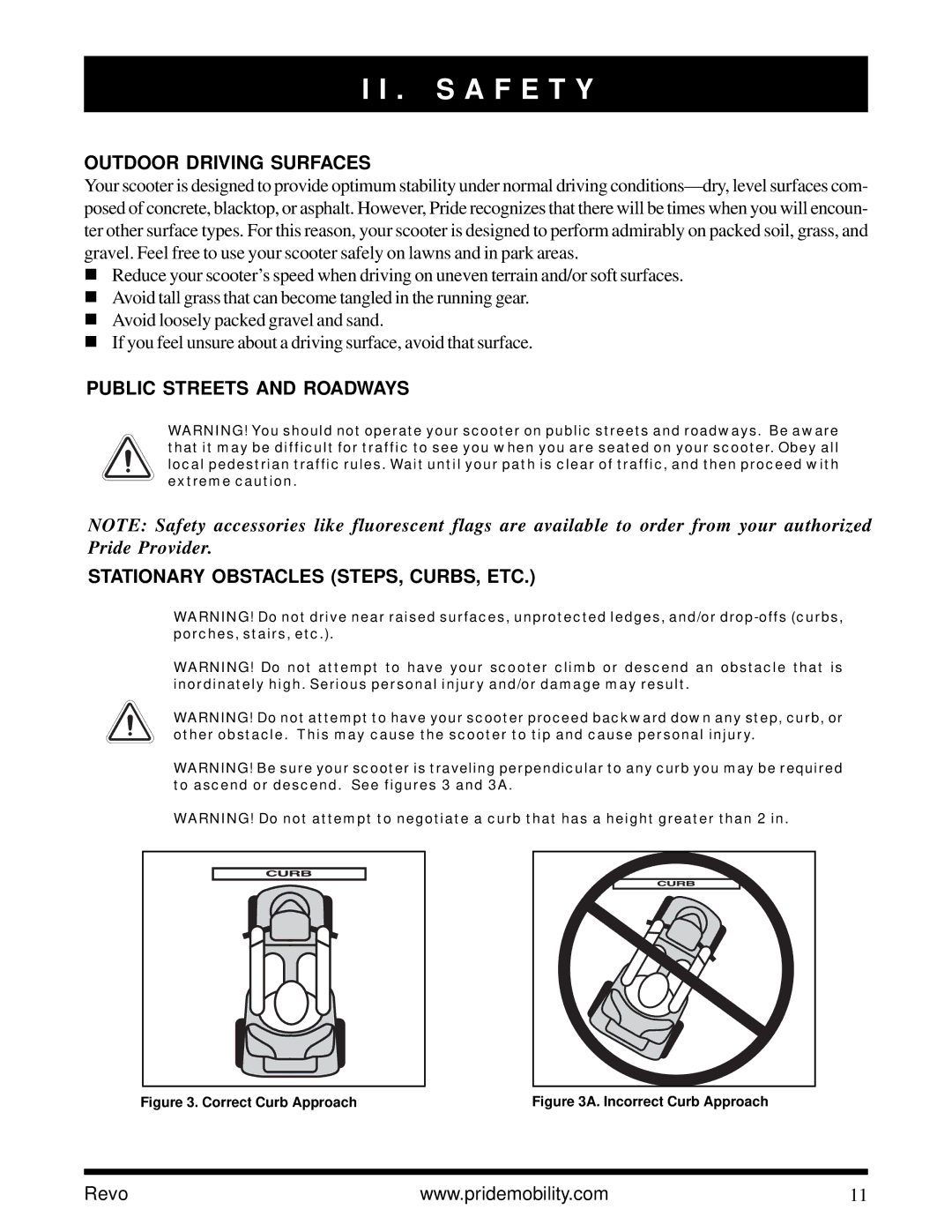 Pride Mobility Revo owner manual Outdoor Driving Surfaces, Correct Curb Approach 