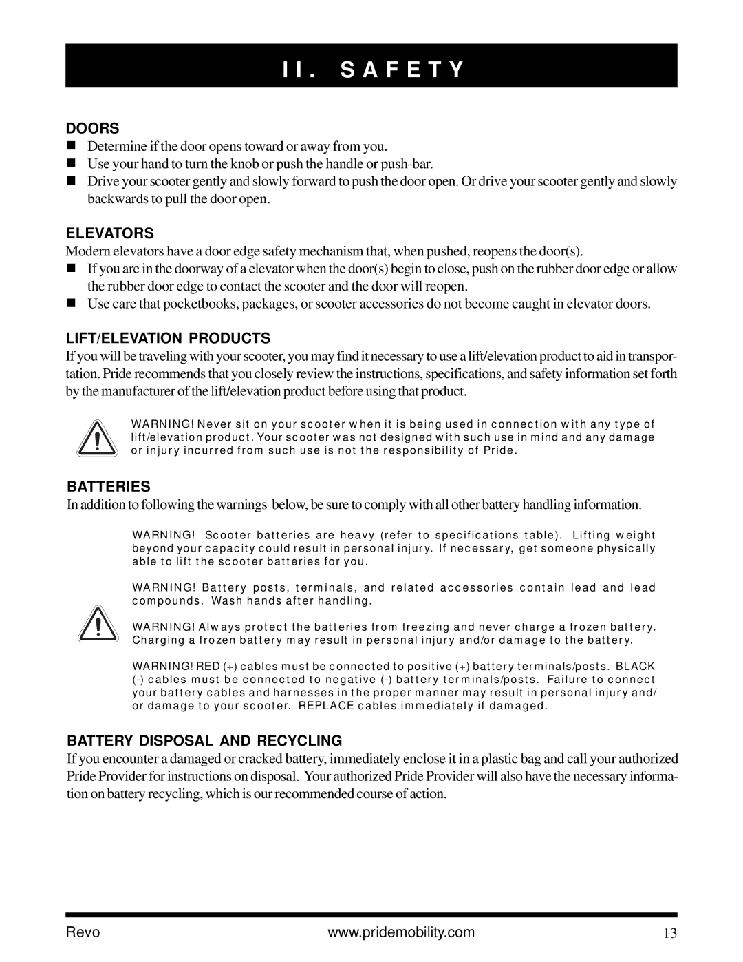 Pride Mobility Revo owner manual Doors, Elevators, LIFT/ELEVATION Products, Batteries, Battery Disposal and Recycling 