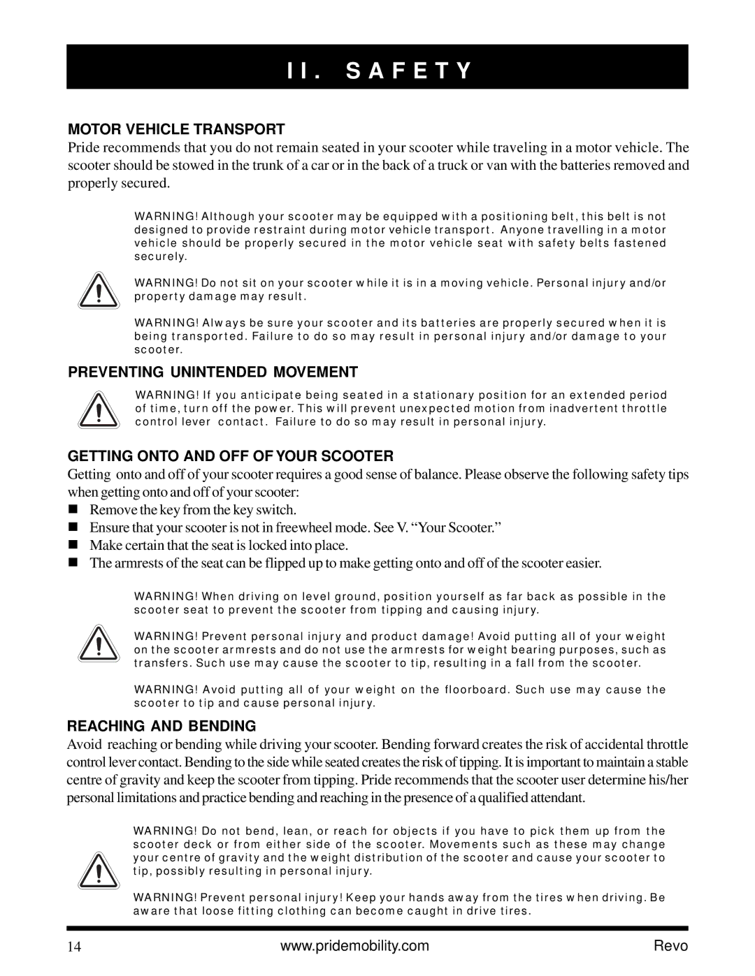 Pride Mobility Revo owner manual Motor Vehicle Transport, Reaching and Bending 