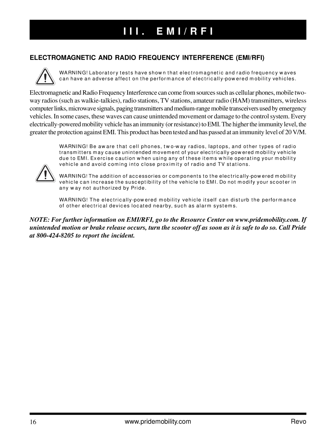 Pride Mobility Revo owner manual I . E M I / R F, Electromagnetic and Radio Frequency Interference EMI/RFI 