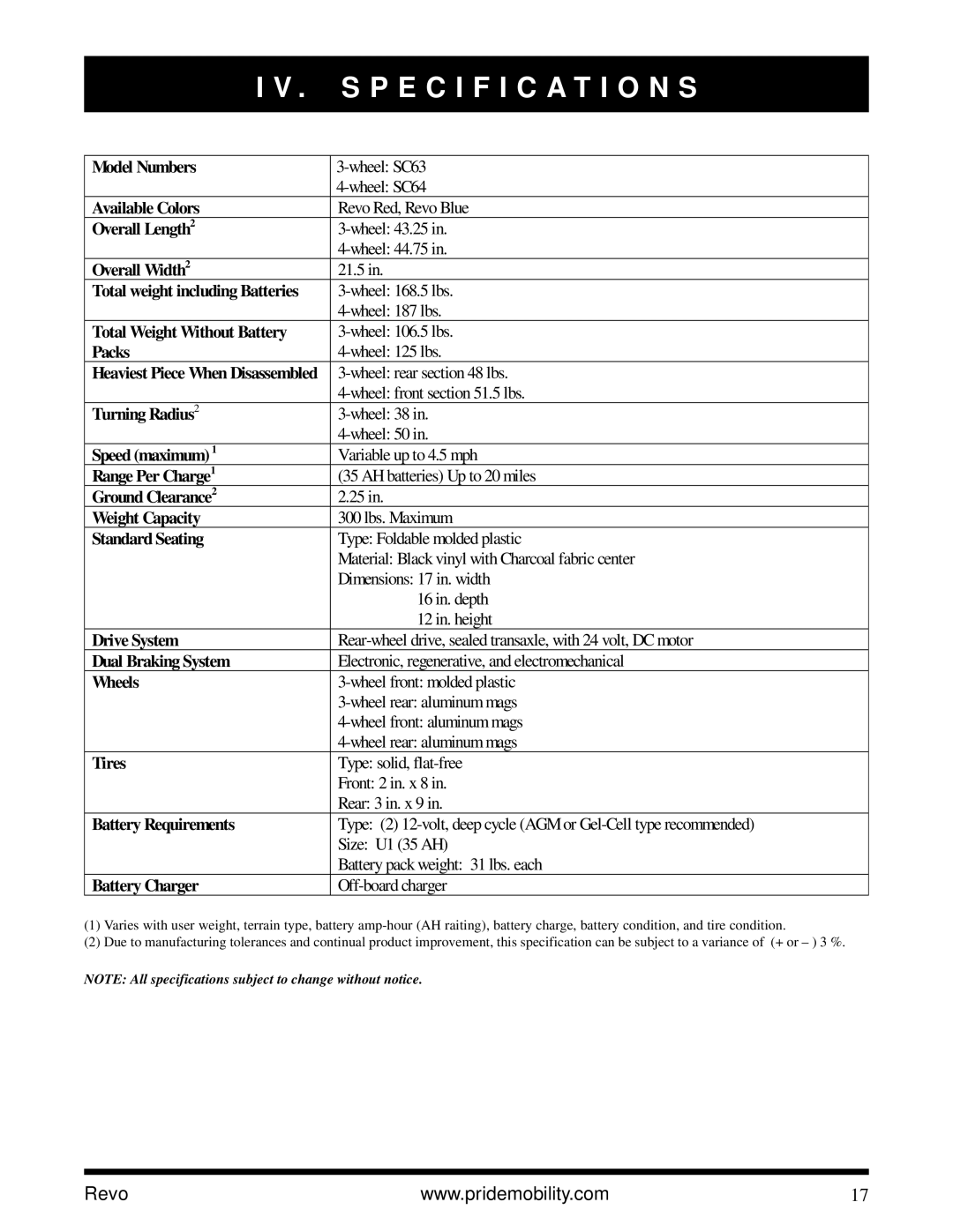 Pride Mobility Revo owner manual Specification S, Standard Seating 