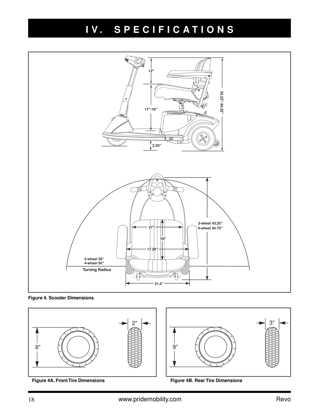 Pride Mobility Revo owner manual Scooter Dimensions 