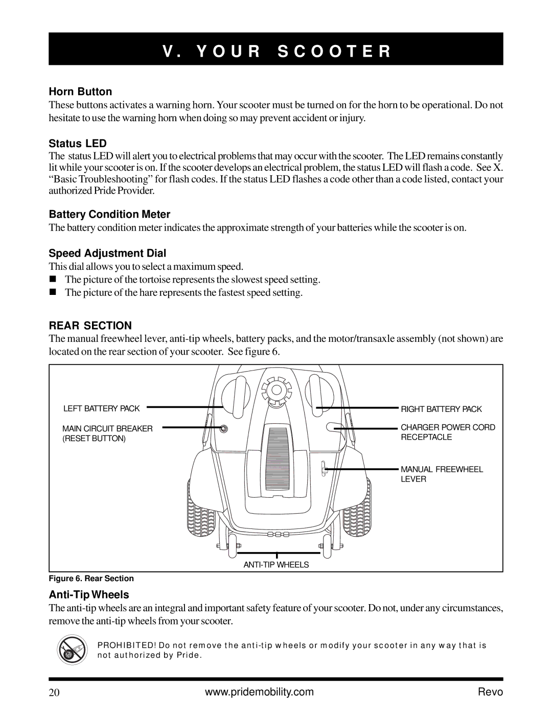 Pride Mobility Revo owner manual Horn Button, Rear Section 