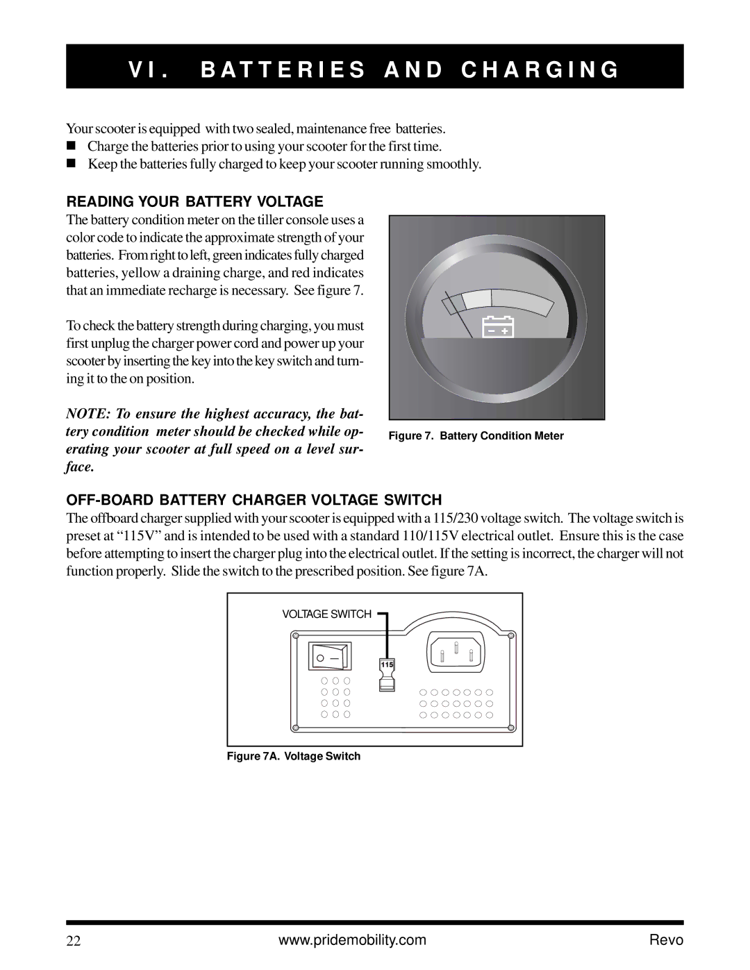 Pride Mobility Revo owner manual B a T T E R I E S a N D C H a R G I N G, Reading Your Battery Voltage 