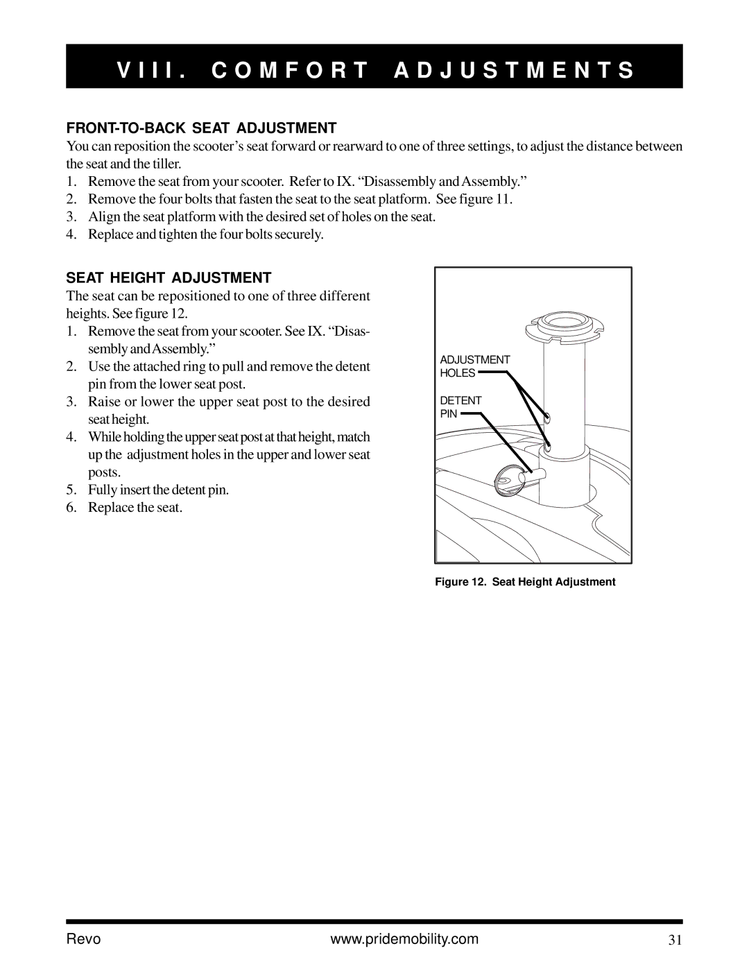 Pride Mobility Revo owner manual FRONT-TO-BACK Seat Adjustment, Seat Height Adjustment 