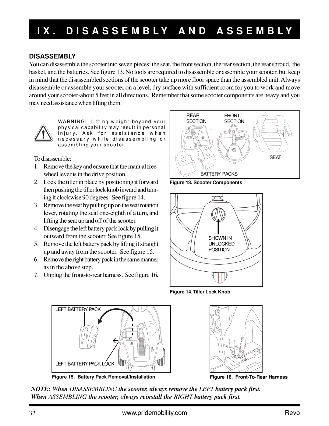 Pride Mobility Revo owner manual D I S a S S E M B L Y a N D a S S E M B L Y, Disassembly 