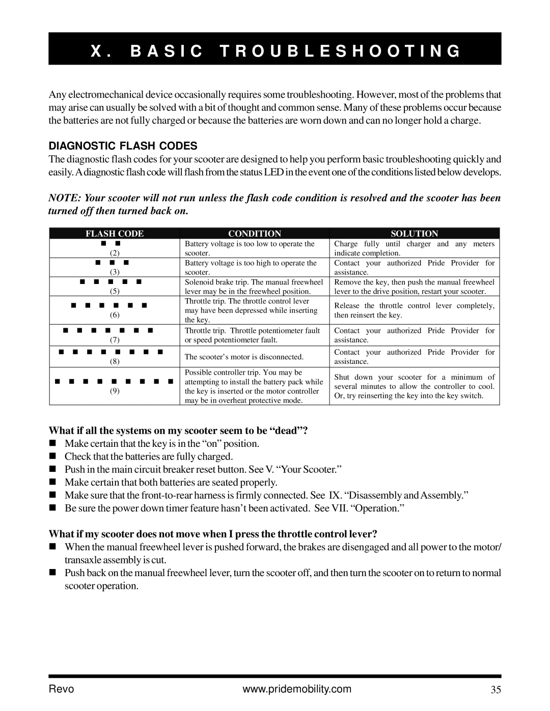 Pride Mobility Revo owner manual A S I C Troubleshooting, Diagnostic Flash Codes 