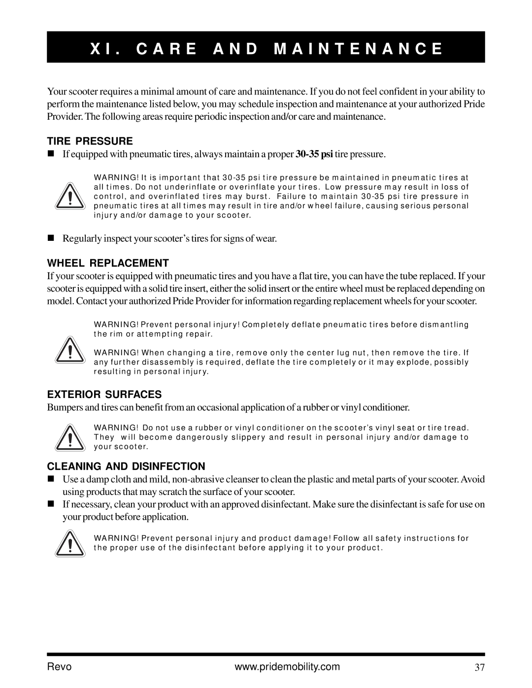 Pride Mobility Revo owner manual C a R E a N D M a I N T E N a N C E, Tire Pressure, Wheel Replacement, Exterior Surfaces 