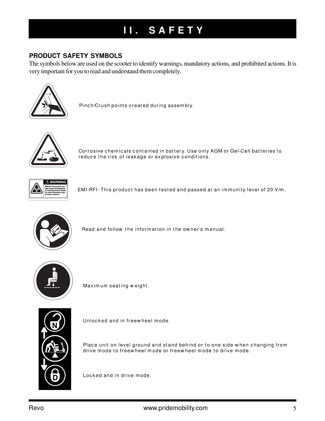 Pride Mobility Revo owner manual S a F E T Y, Product Safety Symbols 