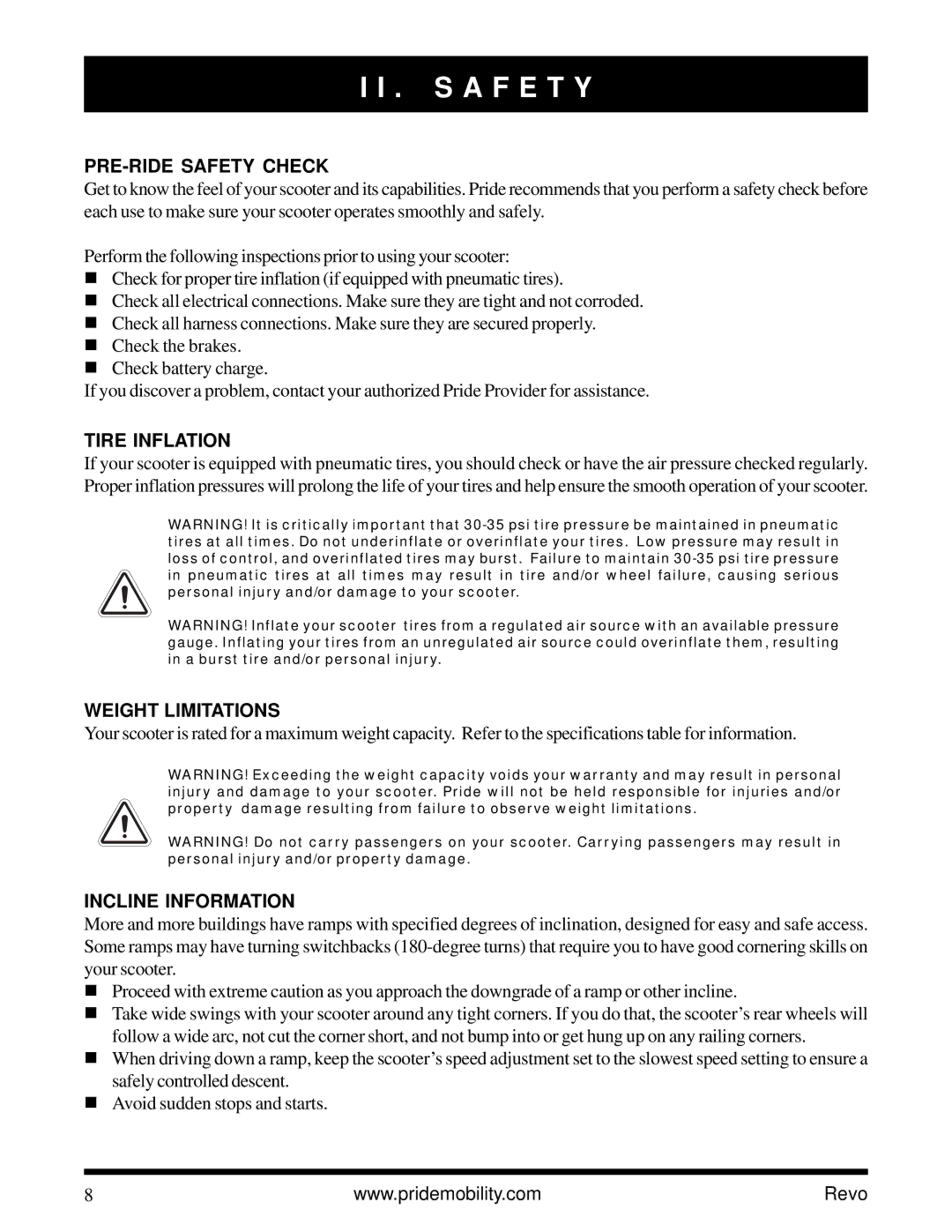 Pride Mobility Revo owner manual PRE-RIDE Safety Check, Tire Inflation, Weight Limitations, Incline Information 