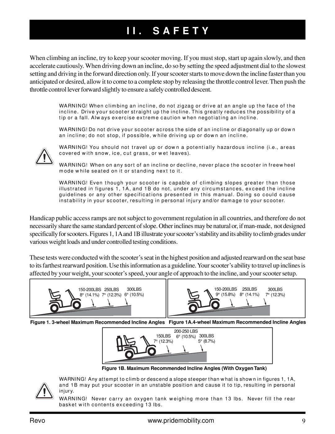 Pride Mobility Revo owner manual Maximum Recommended Incline Angles With Oxygen Tank 