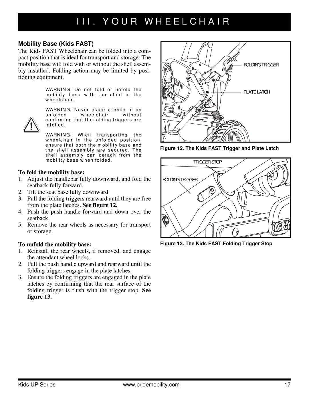 Pride Mobility Rock 2, Rock 3 manual Mobility Base Kids Fast, To fold the mobility base, To unfold the mobility base 