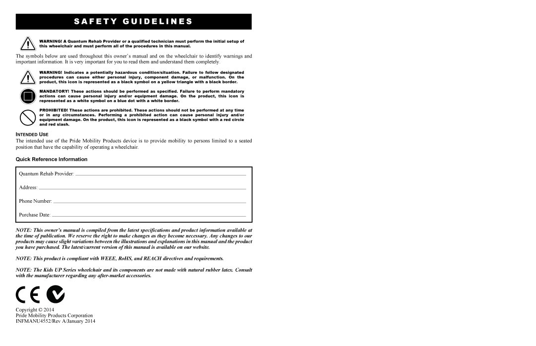 Pride Mobility Rock 2, Rock 3, Fast manual F E T Y G U I D E L I N E S, Quick Reference Information 