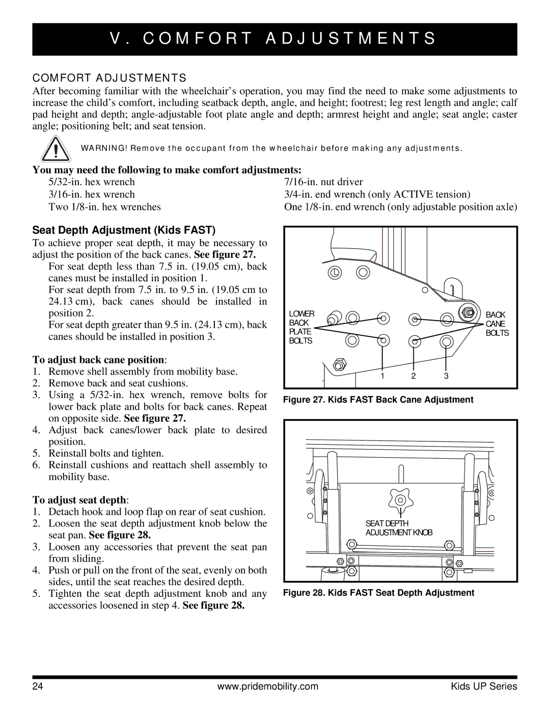 Pride Mobility Rock 3, Rock 2 manual O M F O R T a D J U S T M E N T S, Comfort Adjustments, Seat Depth Adjustment Kids Fast 