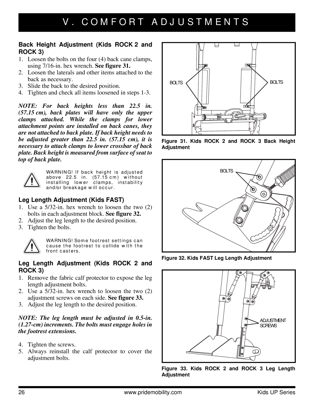 Pride Mobility Rock 3 manual Back Height Adjustment Kids Rock 2 and Rock, Leg Length Adjustment Kids Fast 