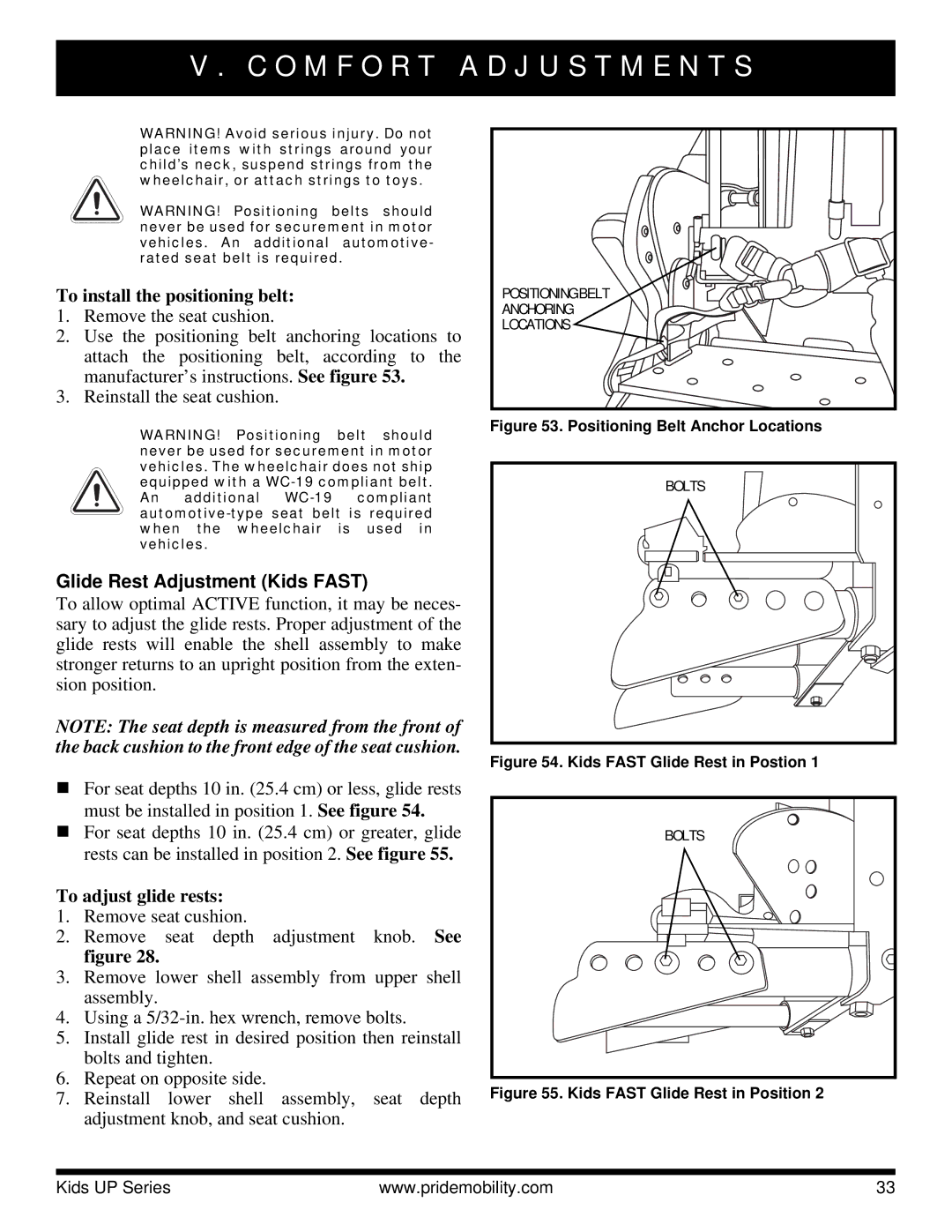 Pride Mobility Rock 3, Rock 2 manual To install the positioning belt, Glide Rest Adjustment Kids Fast, To adjust glide rests 