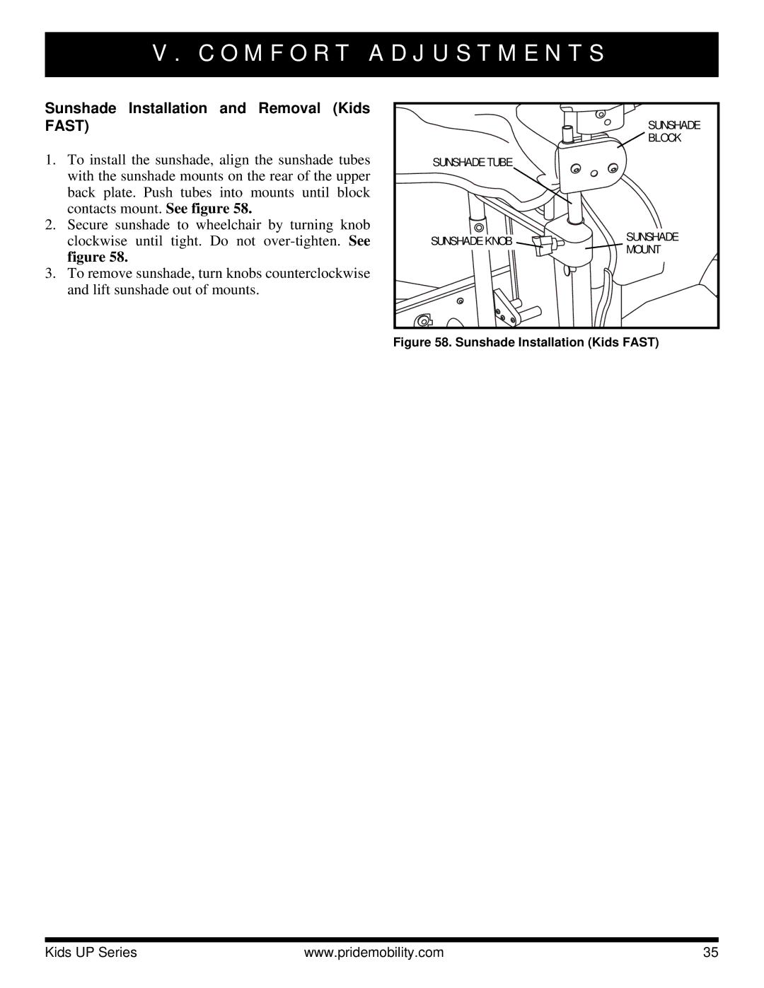Pride Mobility Rock 2, Rock 3 manual Sunshade Installation and Removal Kids Fast, Sunshade Installation Kids Fast 