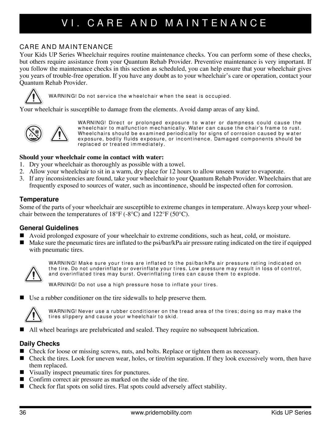 Pride Mobility Rock 3, Fast C a R E a N D M a I N T E N a N C E, Care and Maintenance, Temperature, General Guidelines 