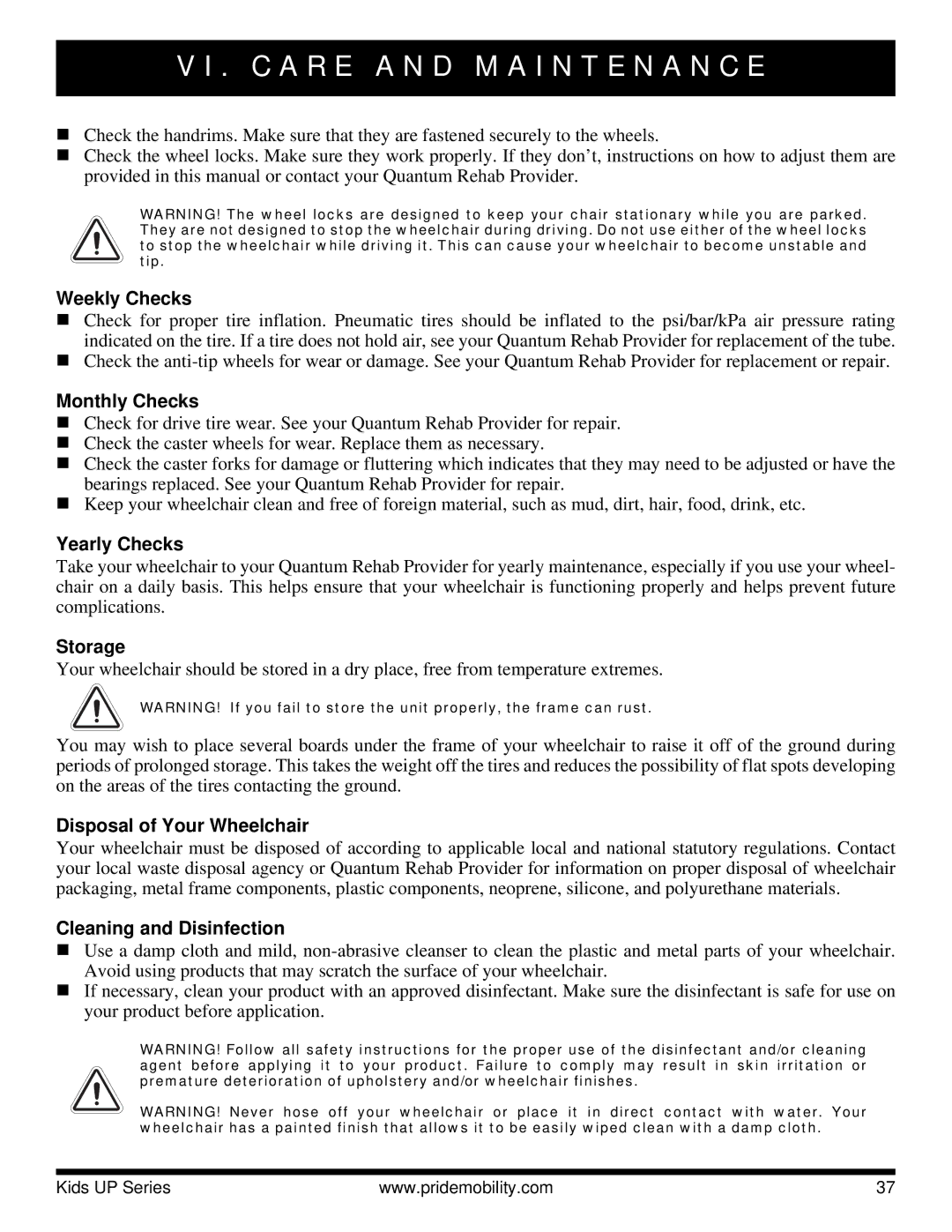 Pride Mobility Fast, Rock 3, Rock 2 manual Weekly Checks, Monthly Checks, Yearly Checks, Storage, Disposal of Your Wheelchair 