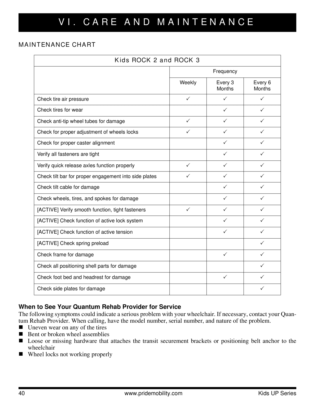 Pride Mobility Fast, Rock 3 manual Kids Rock 2 and Rock, When to See Your Quantum Rehab Provider for Service 