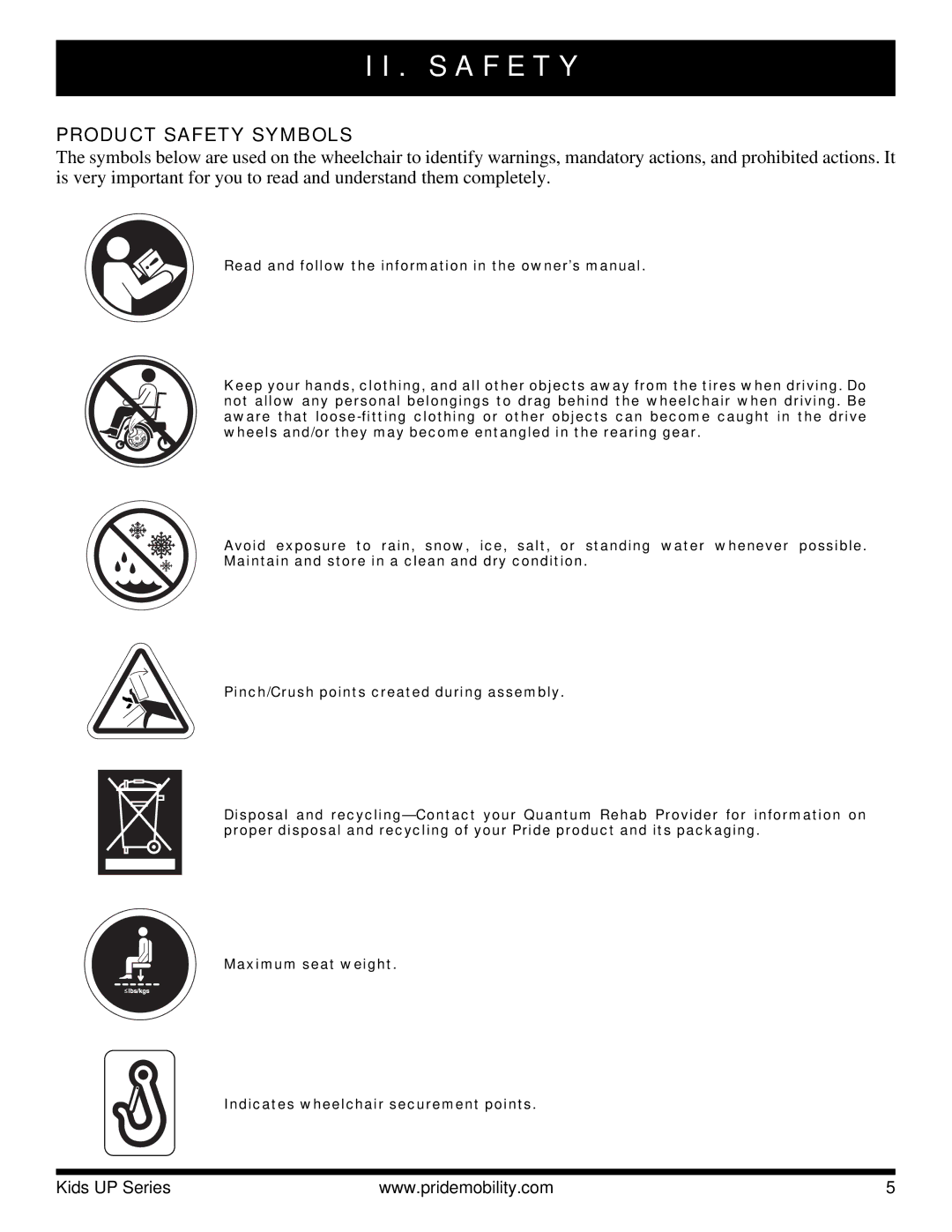 Pride Mobility Rock 2, Rock 3, Fast manual S a F E T Y, Product Safety Symbols 