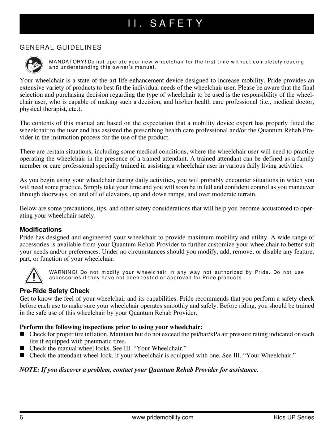 Pride Mobility Rock 3, Fast, Rock 2 manual General Guidelines, Modifications, Pre-Ride Safety Check 