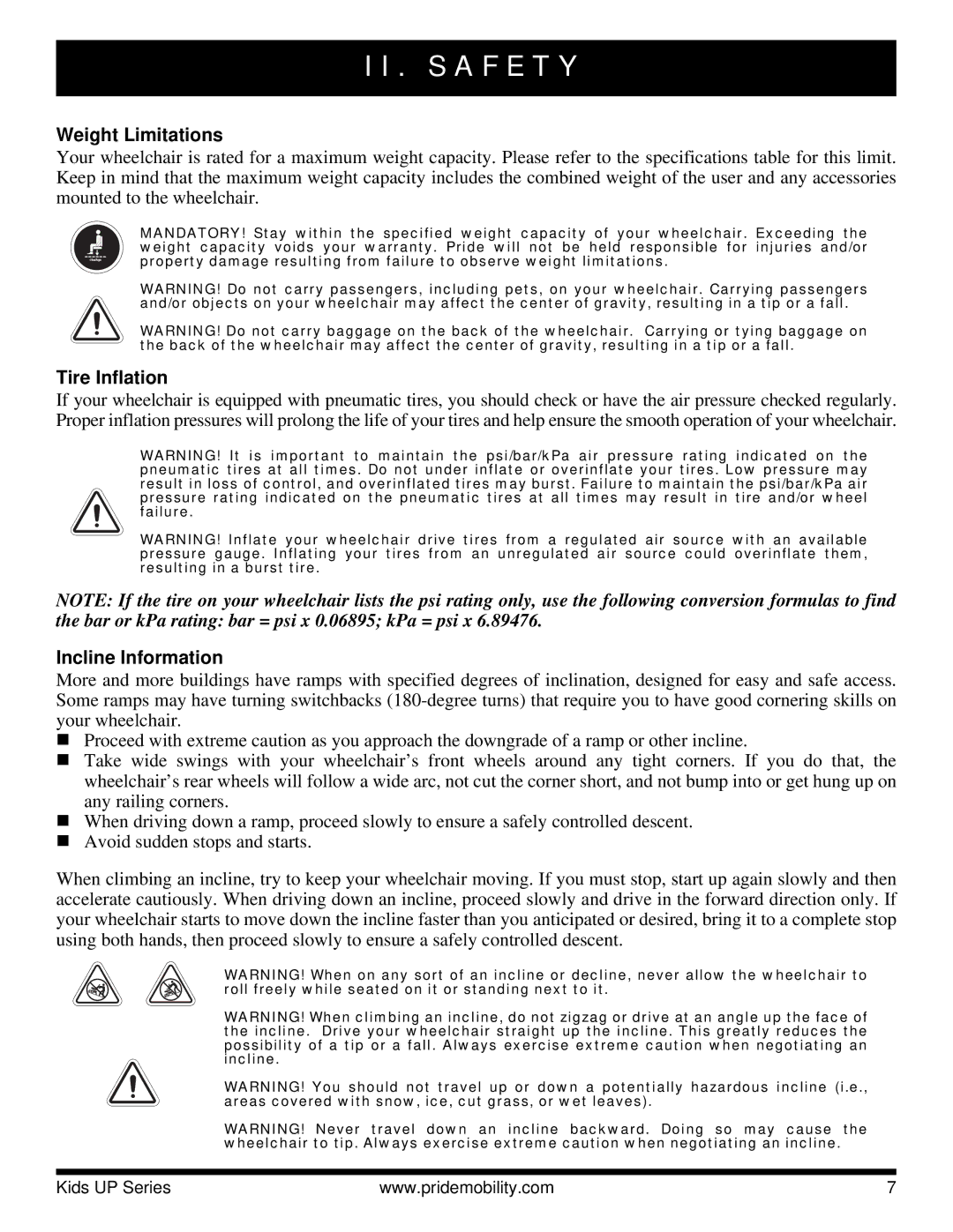 Pride Mobility Fast, Rock 3, Rock 2 manual Weight Limitations, Tire Inflation, Incline Information 