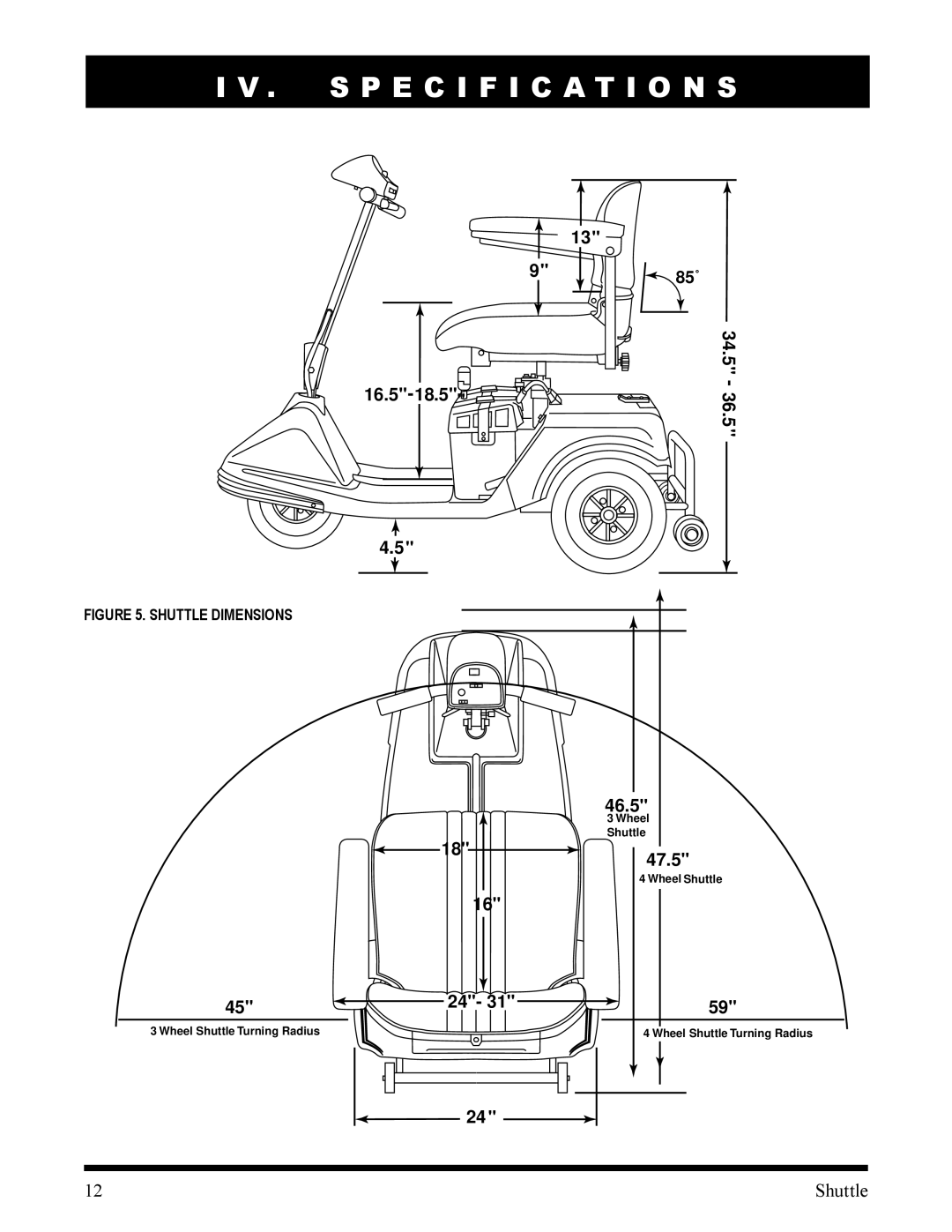 Pride Mobility SC140, SC100 manual 16.5-18.5 985˚ 34.5 