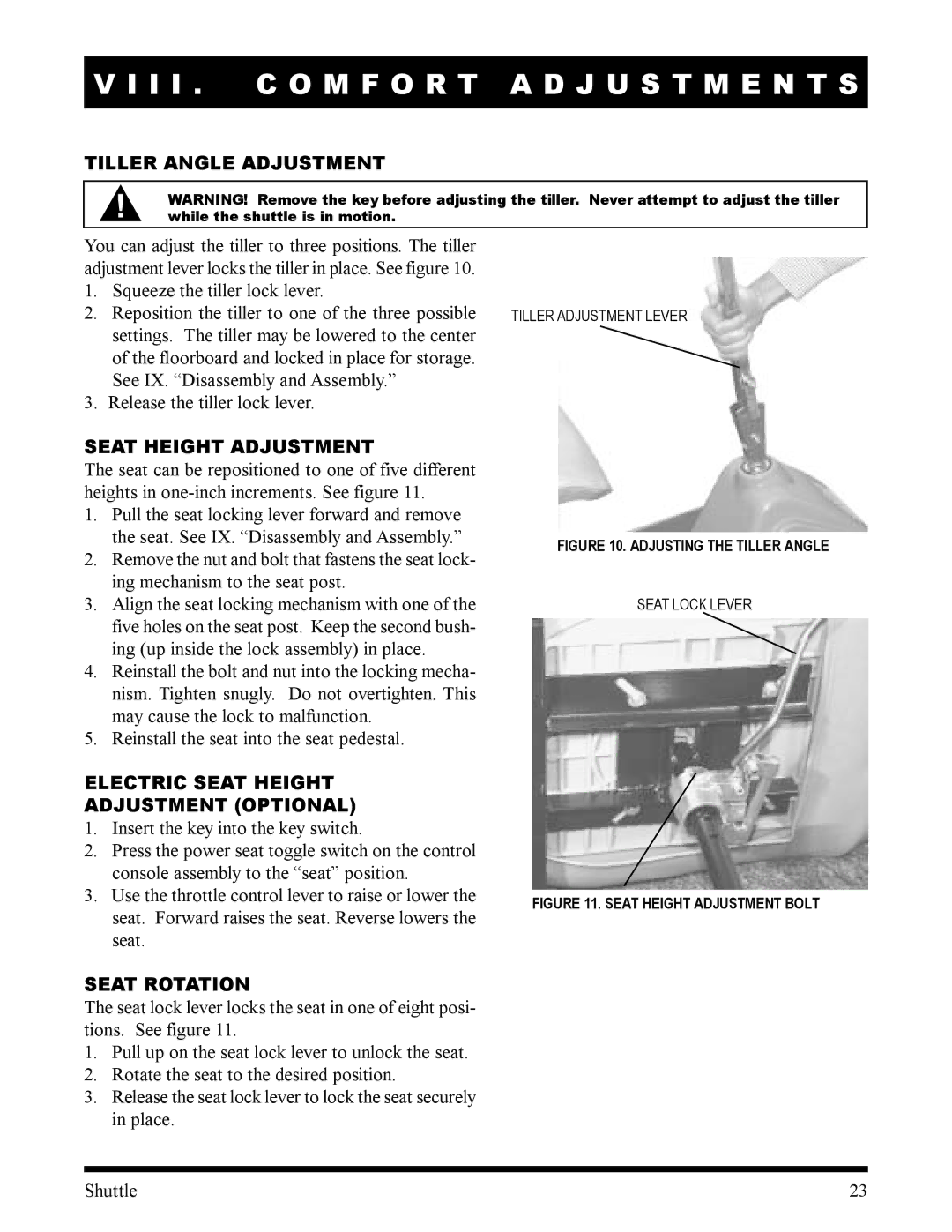 Pride Mobility SC100, SC140 I I . C O M F O R T a D J U S T M E N T S, Tiller Angle Adjustment, Seat Height Adjustment 