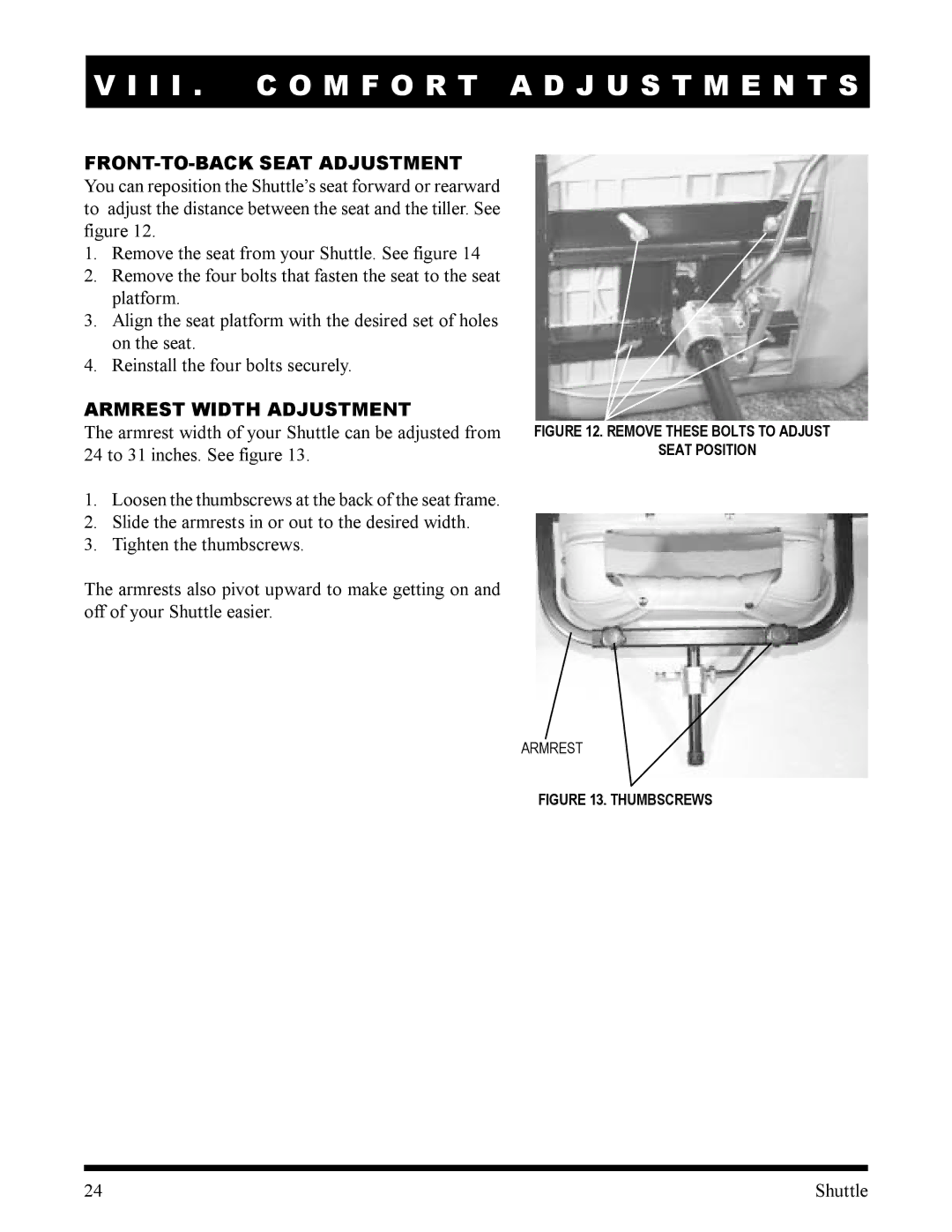 Pride Mobility SC140, SC100 manual Armrest Width Adjustment, Remove These Bolts to Adjust Seat Position 