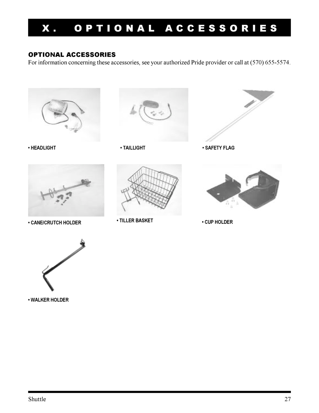 Pride Mobility SC100, SC140 manual P T I O N a L a C C E S S O R I E S, Optional Accessories 