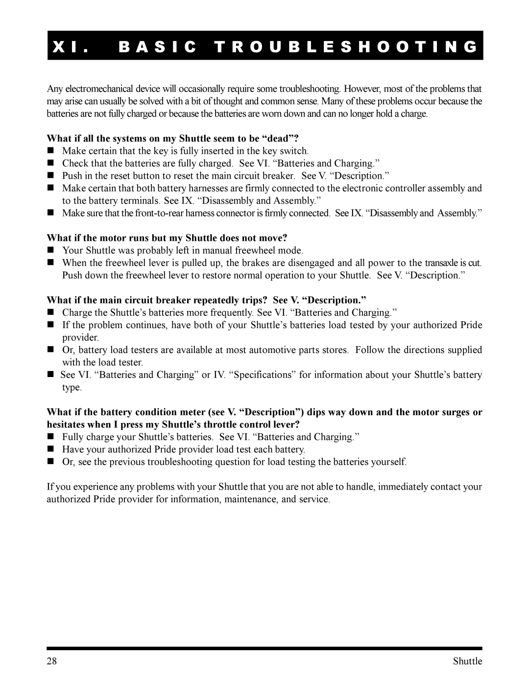 Pride Mobility SC140, SC100 manual B a S I C Troubleshooting, What if all the systems on my Shuttle seem to be dead? 
