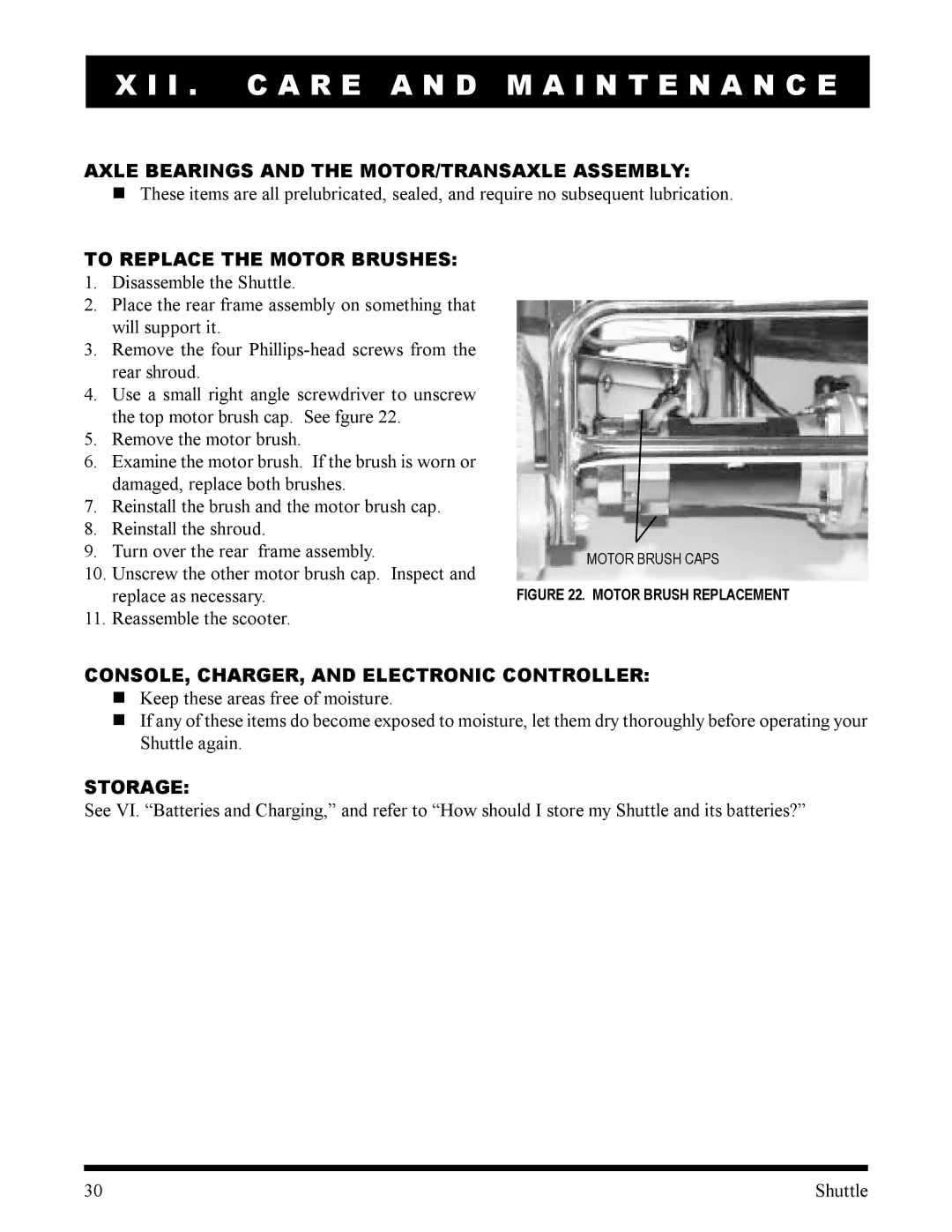 Pride Mobility SC140, SC100 manual Axle Bearings and the MOTOR/TRANSAXLE Assembly, To Replace the Motor Brushes, Storage 