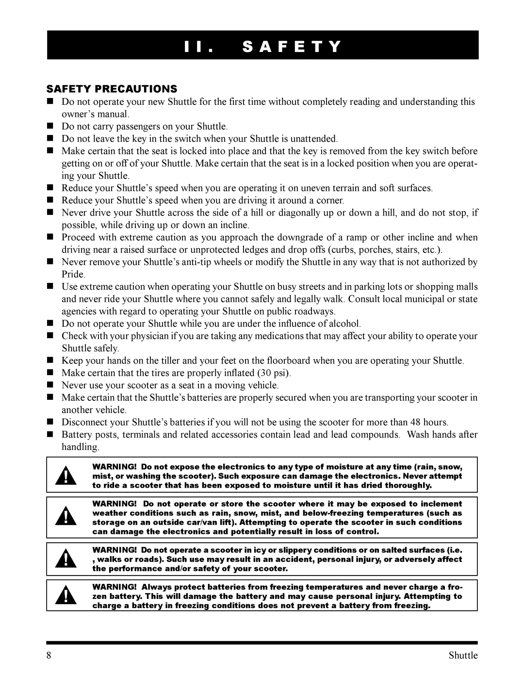 Pride Mobility SC140, SC100 manual Safety Precautions 