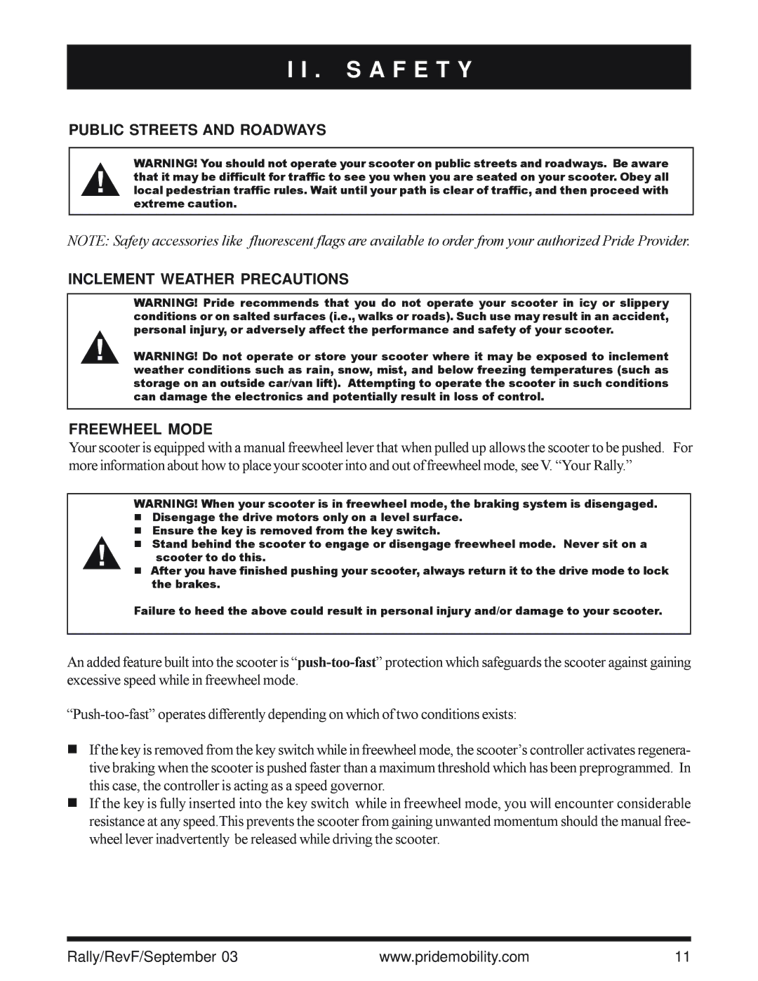 Pride Mobility SC155, SC151 owner manual S a F E T Y 