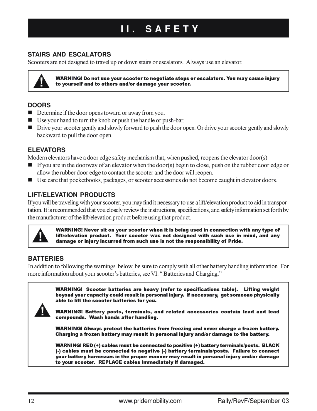 Pride Mobility SC151, SC155 owner manual Stairs and Escalators, Doors, Elevators, LIFT/ELEVATION Products, Batteries 