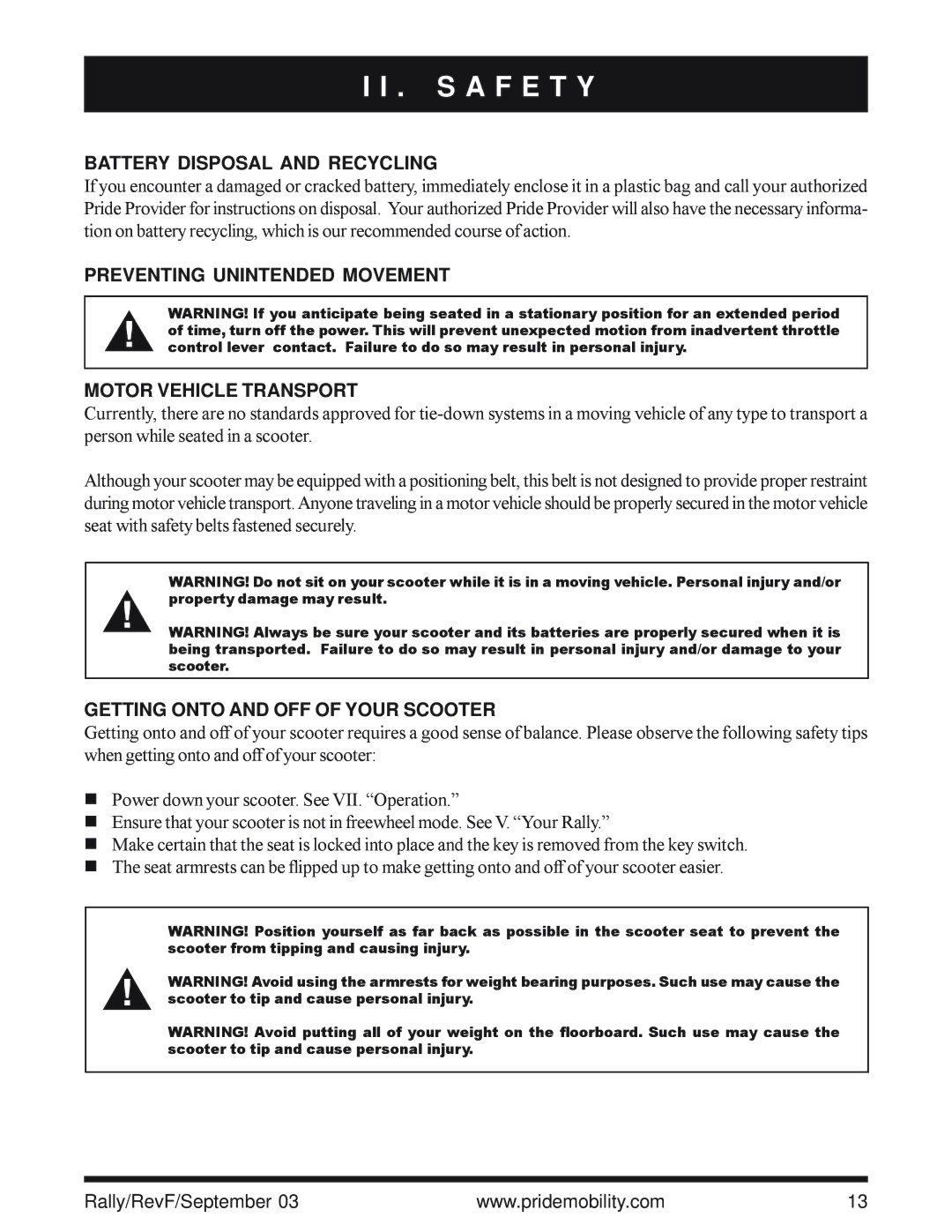 Pride Mobility SC155, SC151 Battery Disposal and Recycling, Preventing Unintended Movement Motor Vehicle Transport 