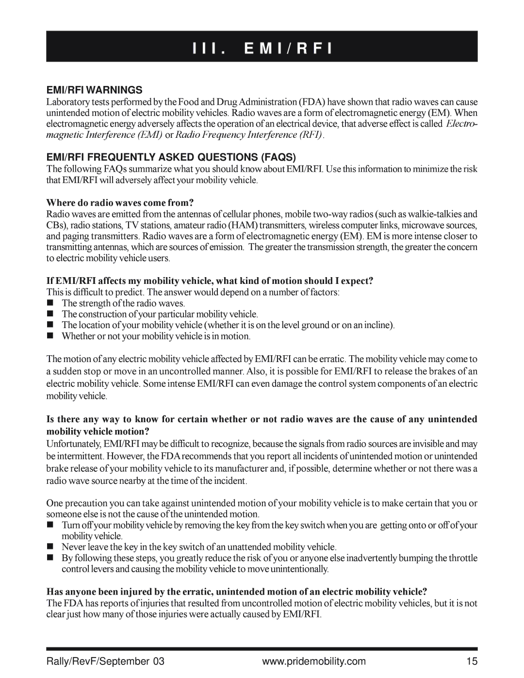 Pride Mobility SC155, SC151 owner manual I . E M I / R F, EMI/RFI Warnings, EMI/RFI Frequently Asked Questions Faqs 