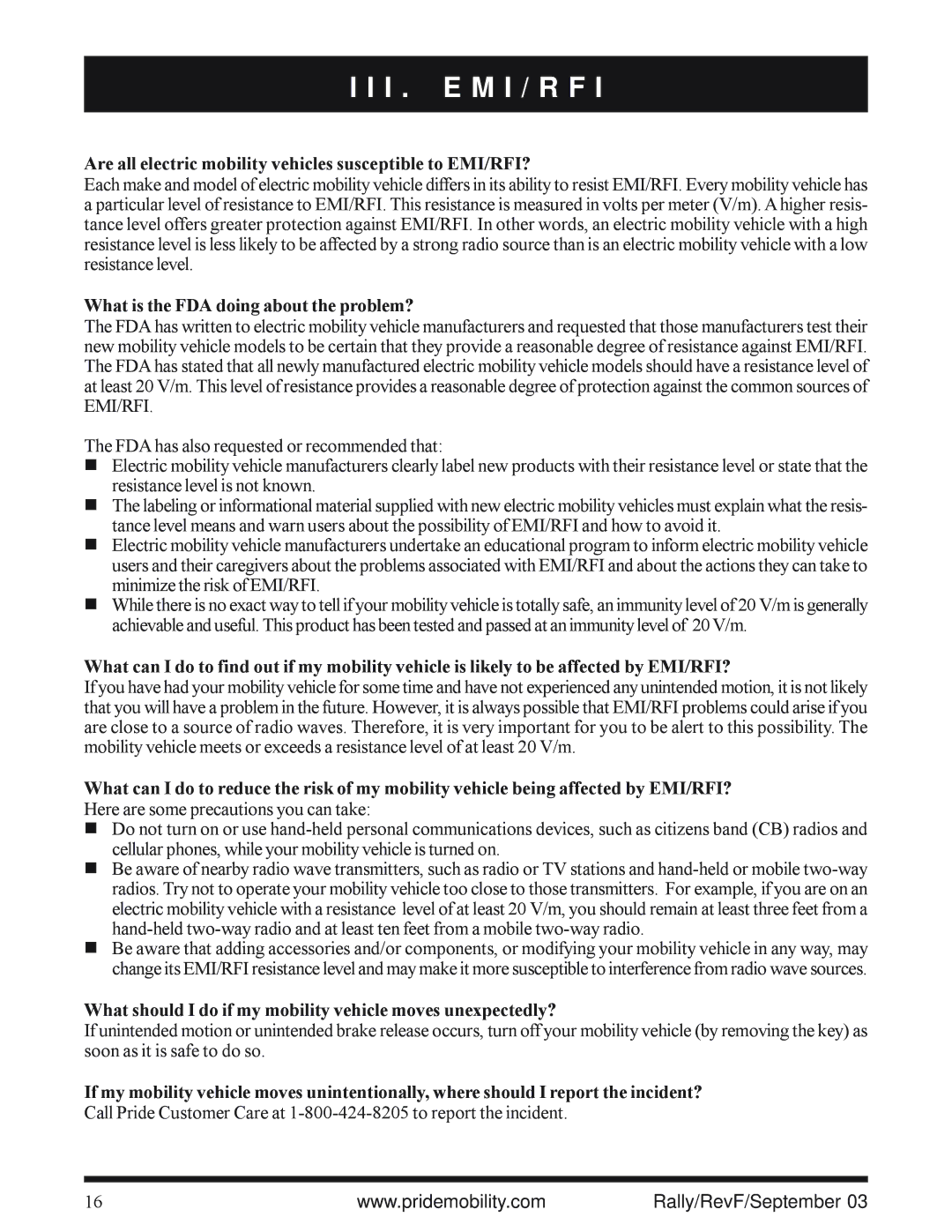 Pride Mobility SC151, SC155 owner manual Are all electric mobility vehicles susceptible to EMI/RFI? 