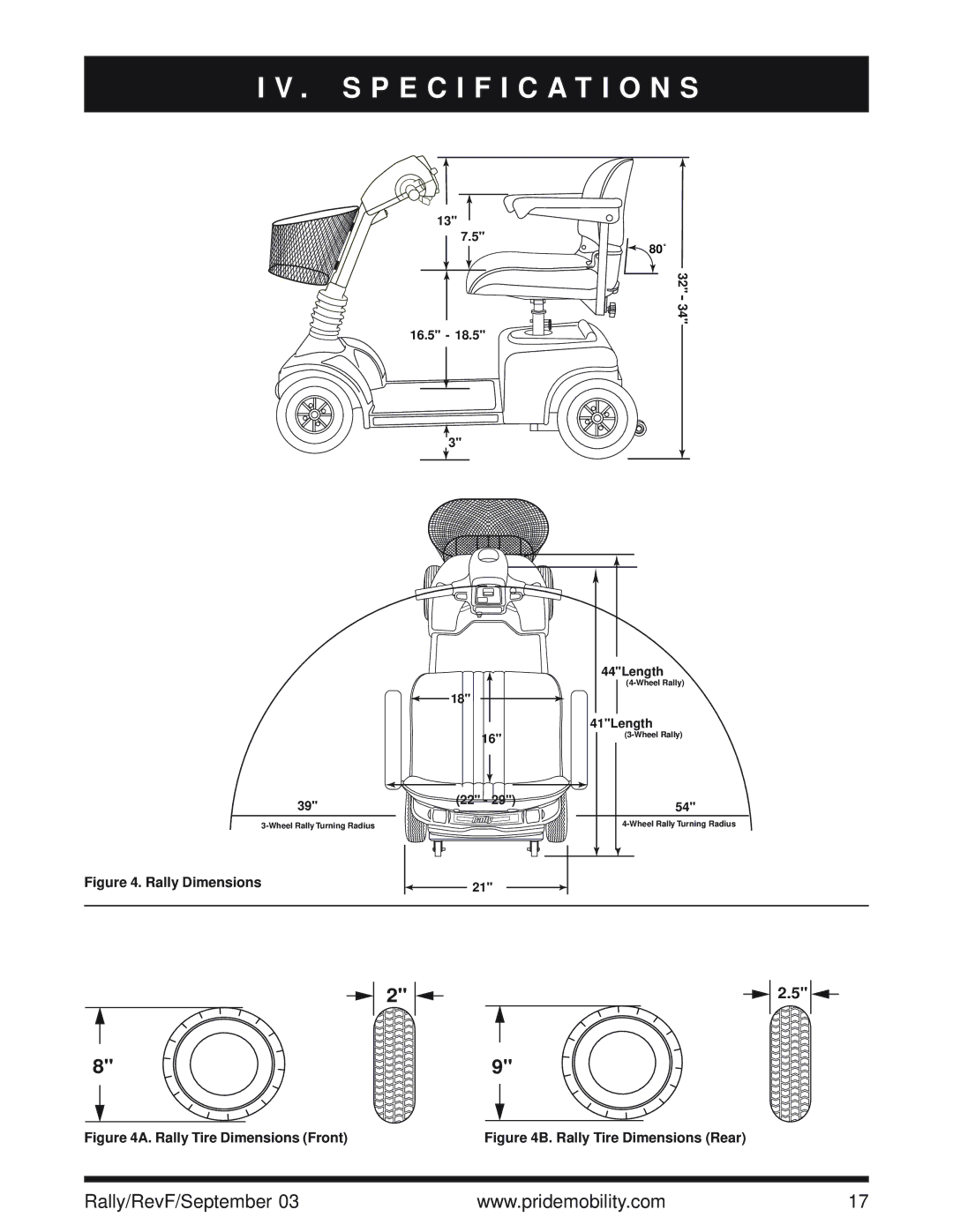 Pride Mobility SC155, SC151 owner manual Specification S, Rally Dimensions 