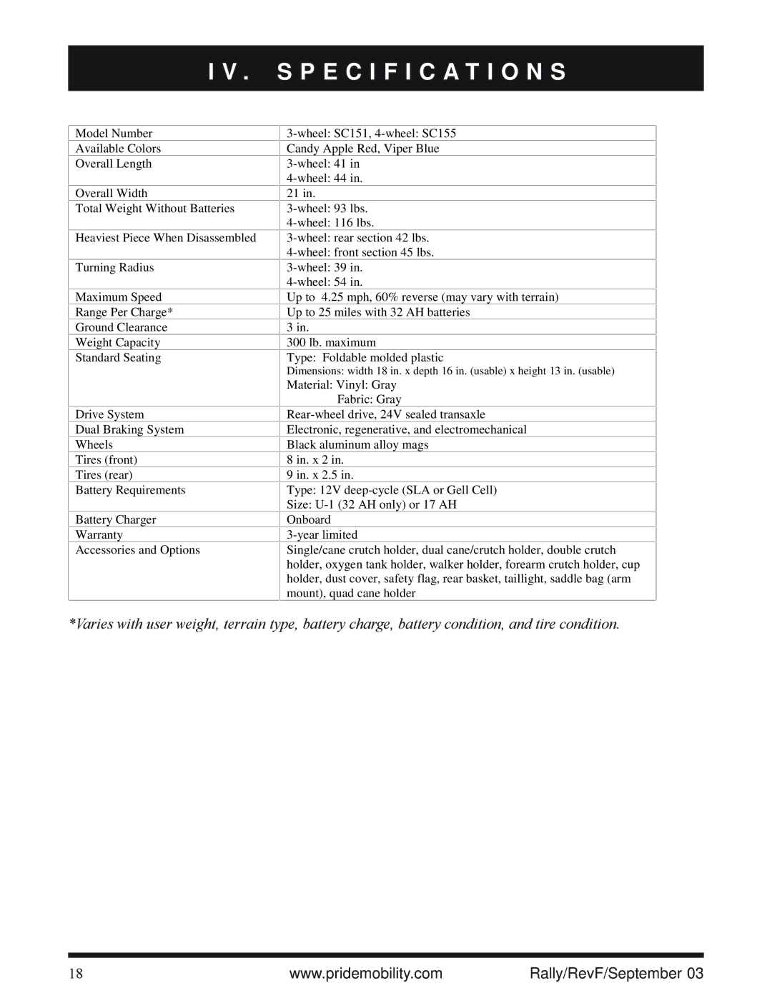 Pride Mobility SC151, SC155 owner manual Specification S 