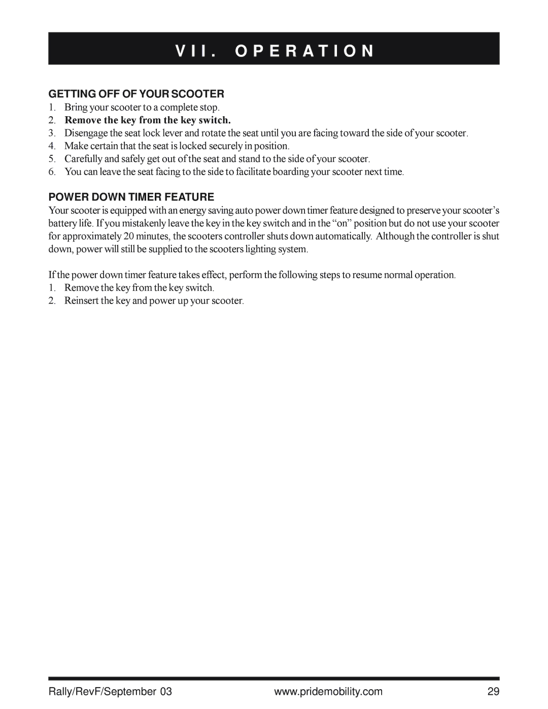 Pride Mobility SC155, SC151 owner manual Getting OFF of Your Scooter, Power Down Timer Feature 