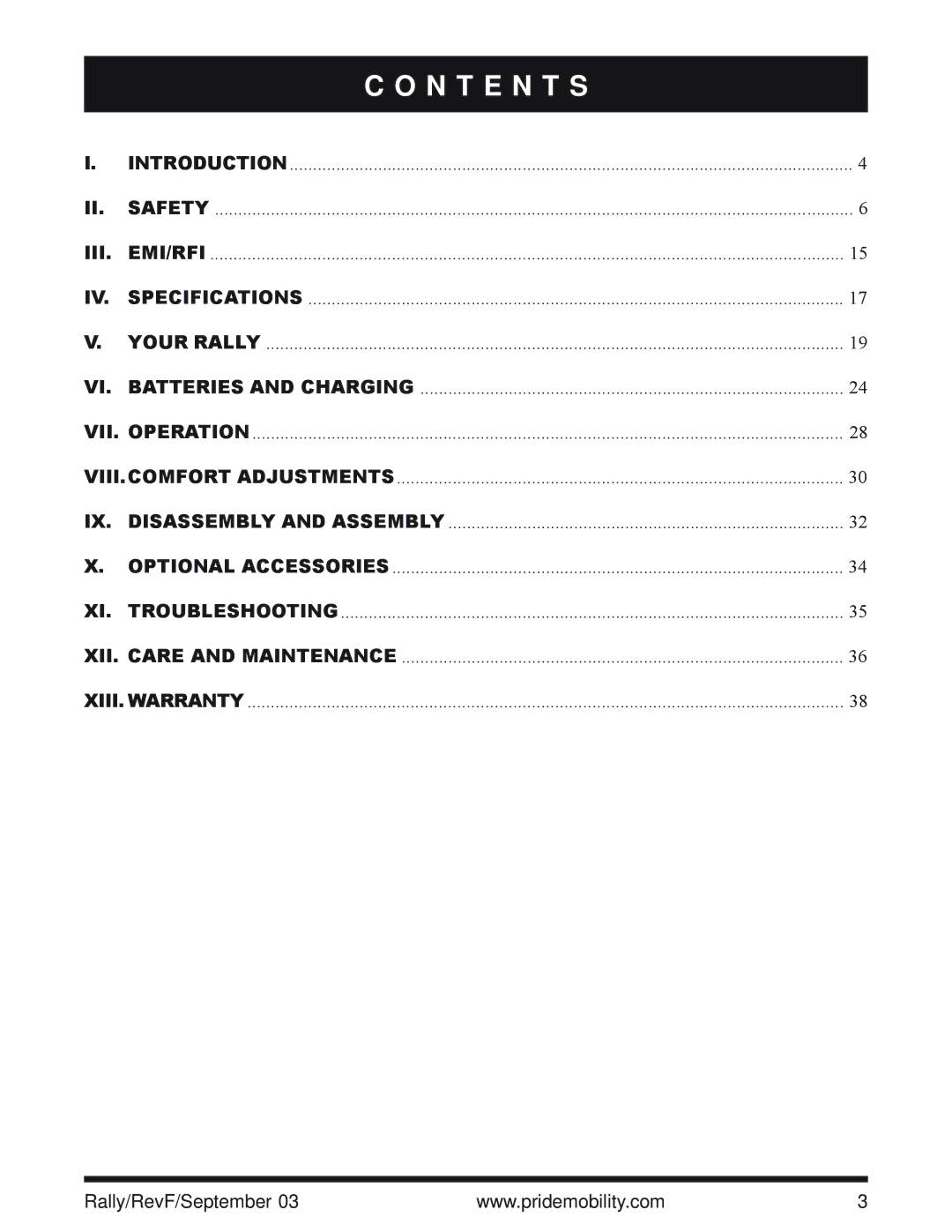 Pride Mobility SC155, SC151 owner manual N T E N T S 