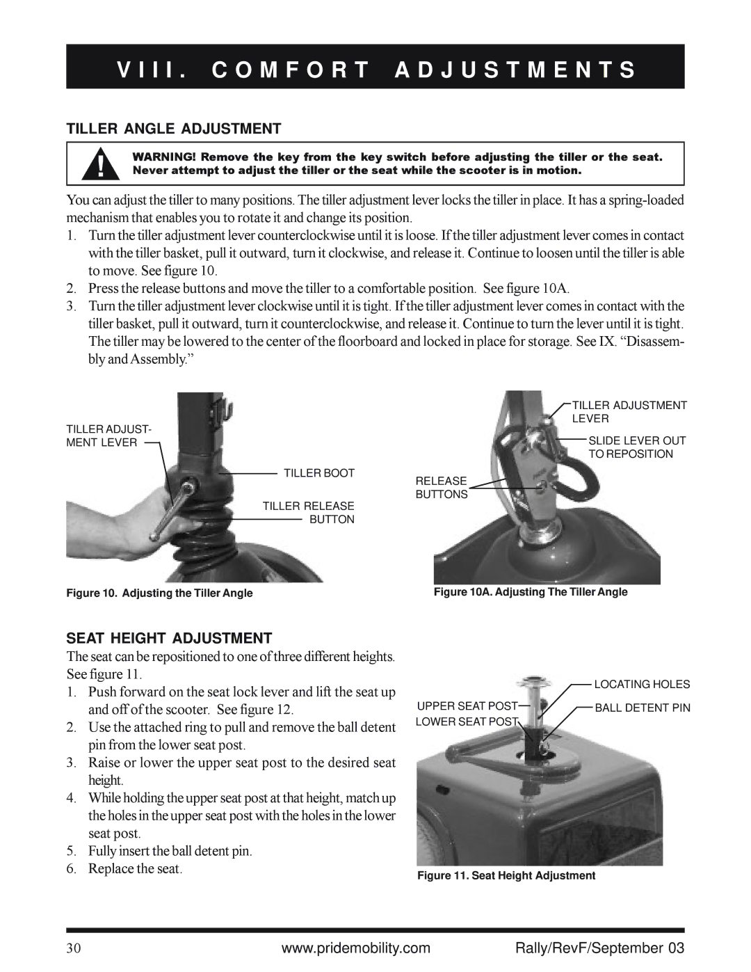 Pride Mobility SC151, SC155 I I . C O M F O R T a D J U S T M E N T S, Tiller Angle Adjustment, Seat Height Adjustment 