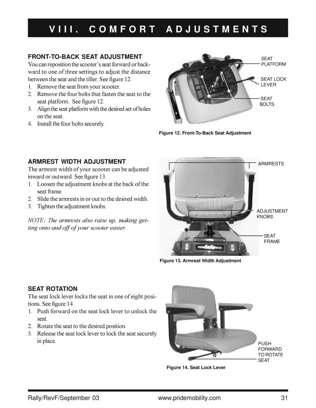 Pride Mobility SC155, SC151 owner manual FRONT-TO-BACK Seat Adjustment, Armrest Width Adjustment, Seat Rotation 