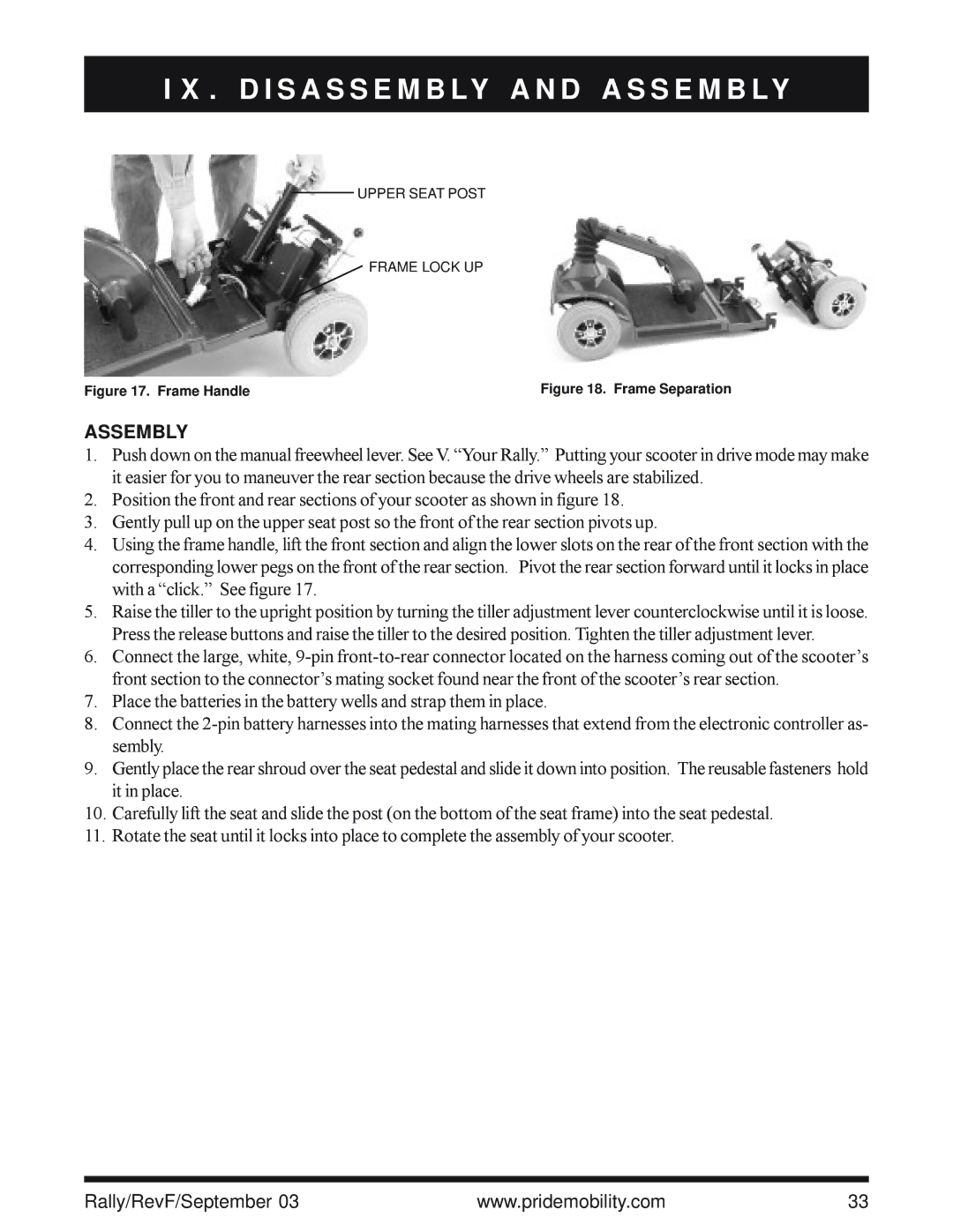 Pride Mobility SC155, SC151 owner manual Assembly, Frame Handle 