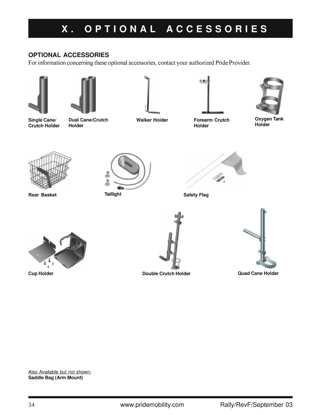 Pride Mobility SC151, SC155 owner manual P T I O N a L a C C E S S O R I E S, Optional Accessories 