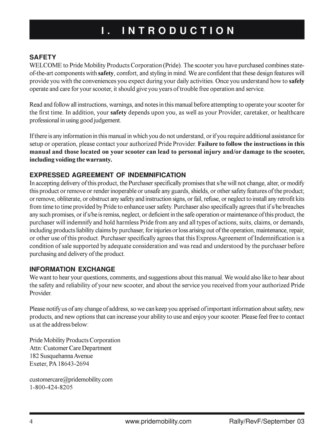 Pride Mobility SC151, SC155 N T R O D U C T I O N, Safety, Expressed Agreement of Indemnification, Information Exchange 