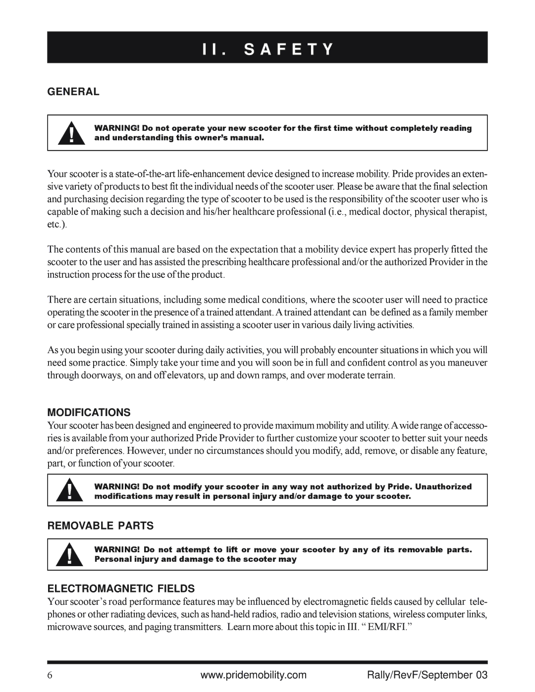 Pride Mobility SC151, SC155 owner manual S a F E T Y, General, Modifications, Removable Parts Electromagnetic Fields 