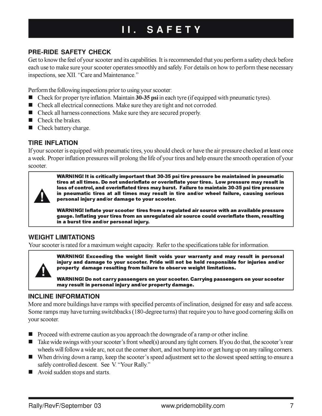 Pride Mobility SC155, SC151 owner manual PRE-RIDE Safety Check, Tire Inflation, Weight Limitations, Incline Information 